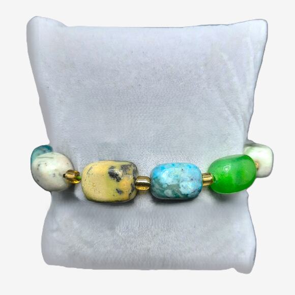 Mixed Gemstone Nugget Bracelet Artisan Large Beaded Gold Tone Stretch New - Picture 5 of 12